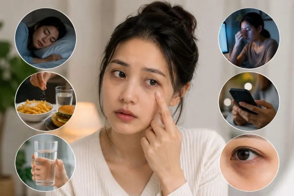 A woman checking her under-eye area, surrounded by lifestyle images