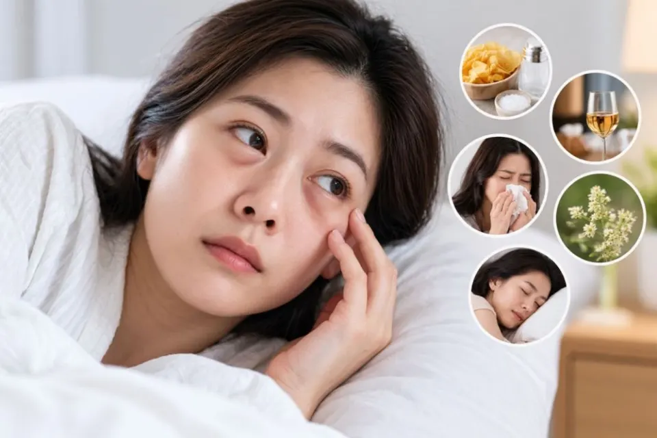 A woman in bed touching her puffy under-eyes