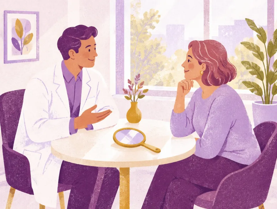 Illustration of a doctor and a patient talking at a consultation table