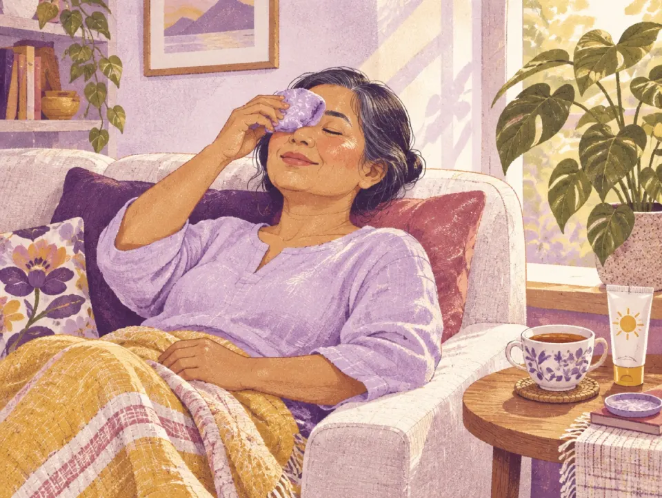 Illustration of a woman resting at home with a cool compress