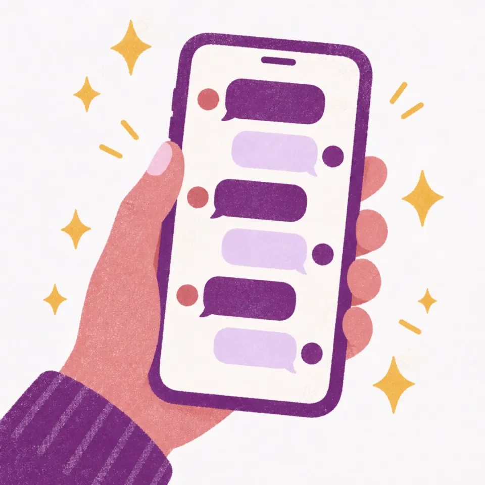 Illustration of a hand holding a phone with a chat conversation